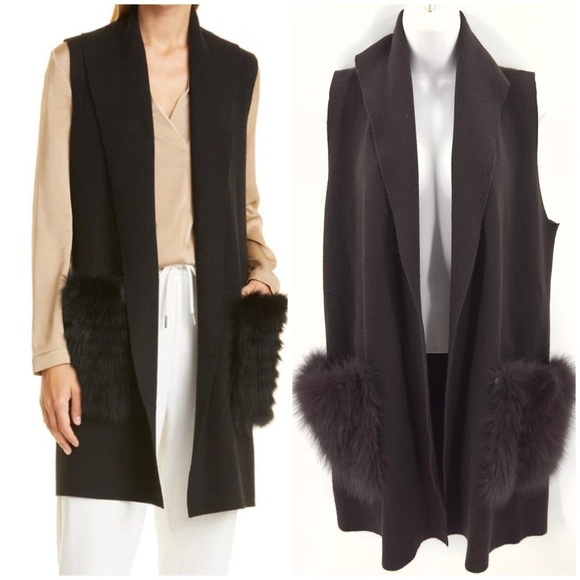 Kobi Halperin Viola Long Line Cardigan Vest Size M Brown Wool Real Fur Pockets - Picture 1 of 10
